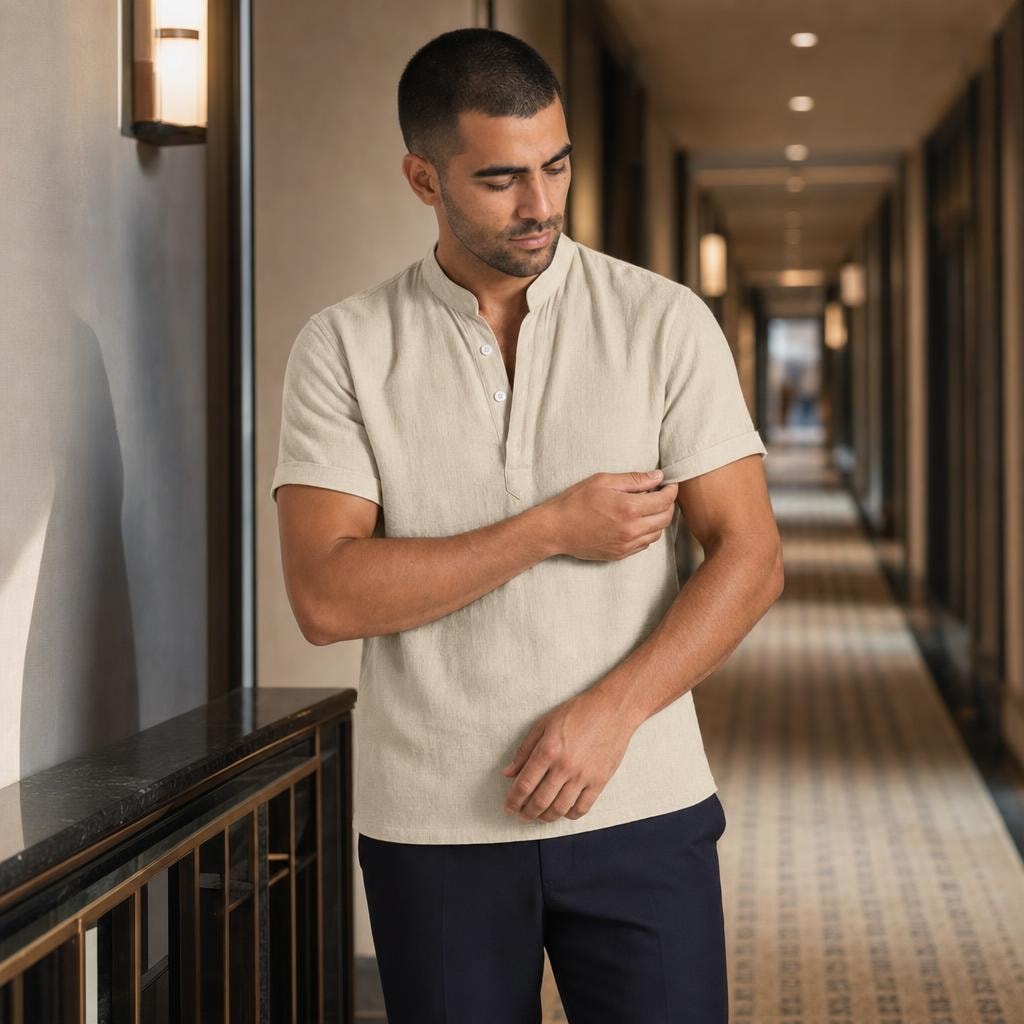 Men's Henley Short Sleeve Shirt in Beige, front view