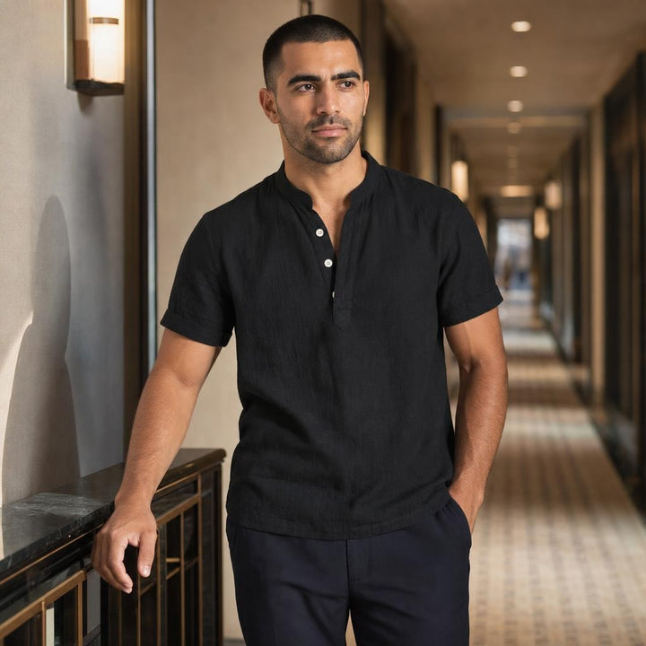 Men's Henley Short Sleeve Shirt in Black, front view