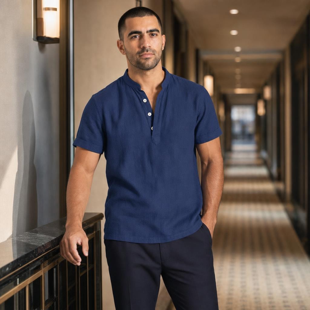 Men's Henley Short Sleeve Shirt in Blue, front view