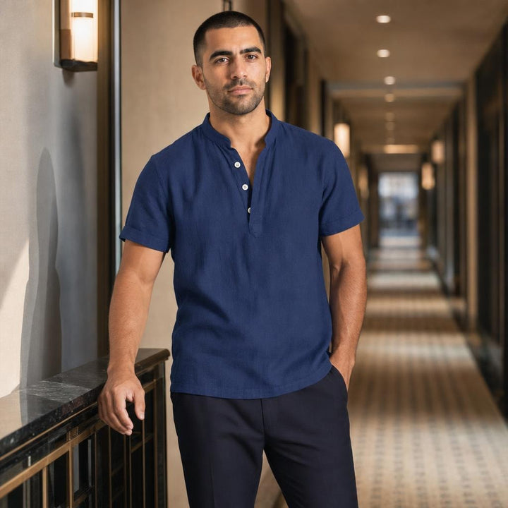 Men's Henley Short Sleeve Shirt in Blue, front view