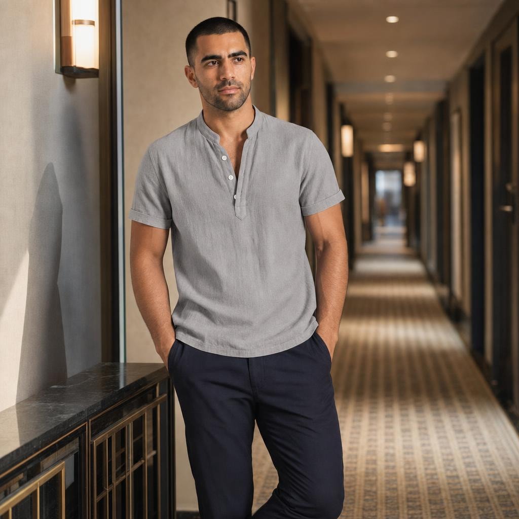 Men's Henley Short Sleeve Shirt in Gray, front view