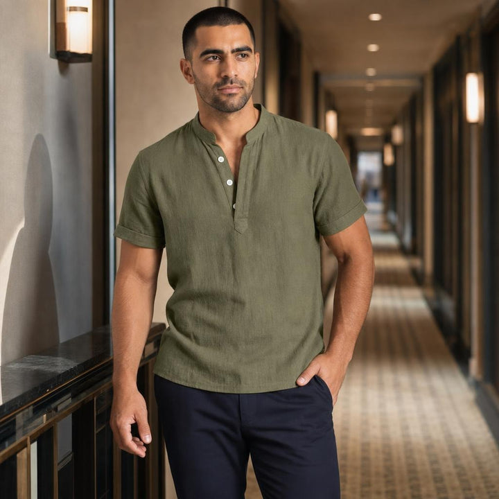 Men's Henley Short Sleeve Shirt in Green, front view