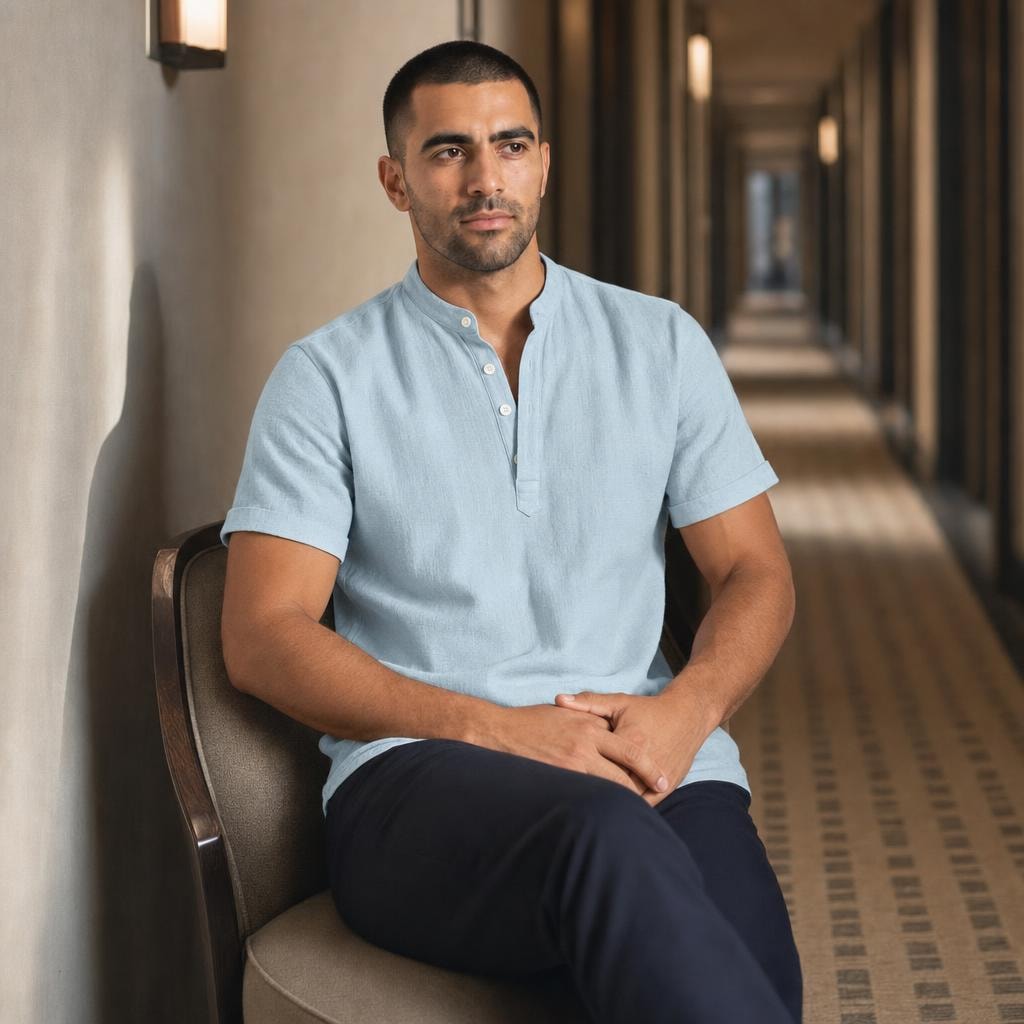Men's Henley Short Sleeve Shirt in Light Blue, front view