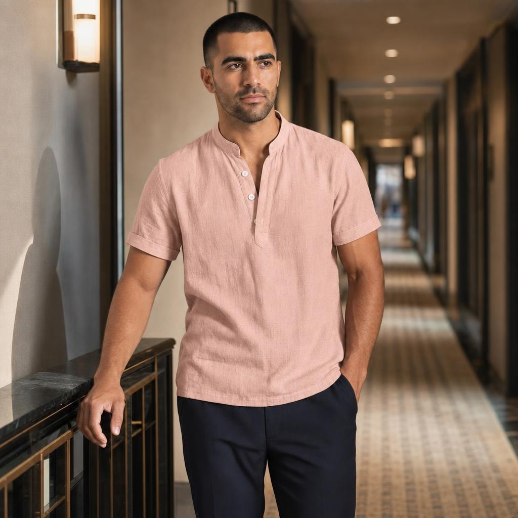 Men's Henley Short Sleeve Shirt in Pink, front view