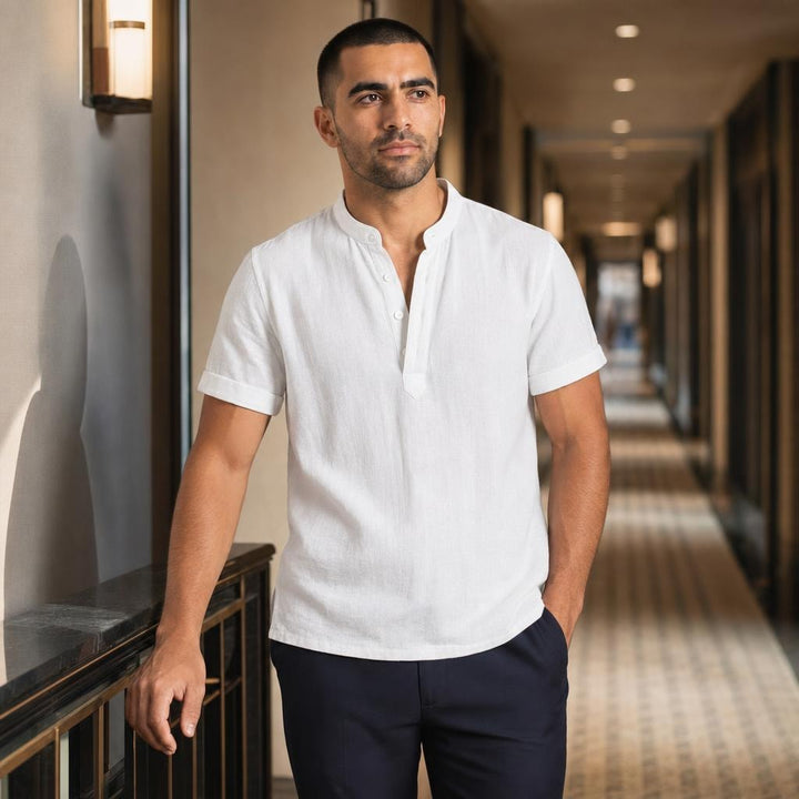 Men's Henley Short Sleeve Shirt in White, front view