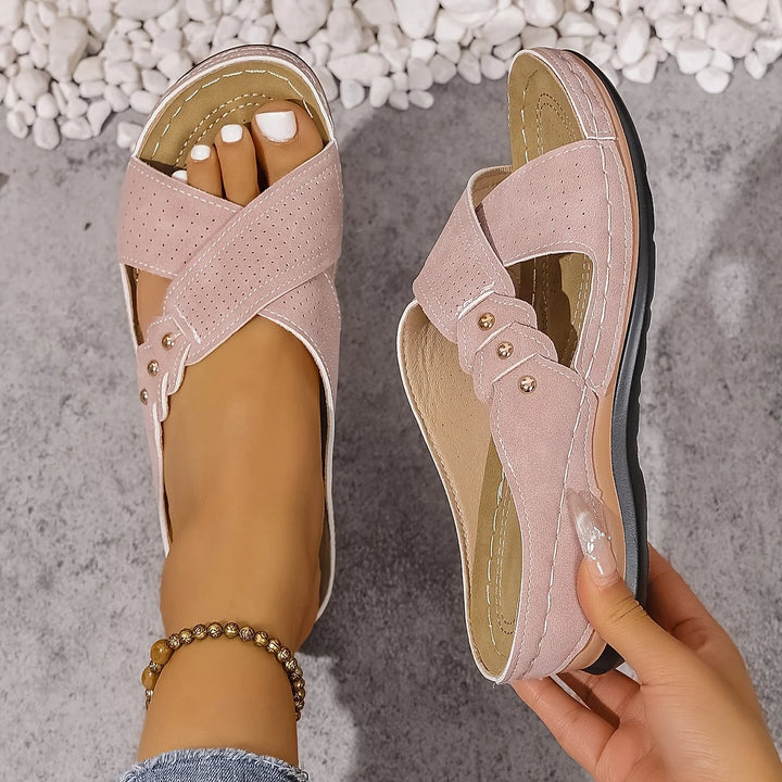 Selena Relaxed Cross Strap Wedge Sandals 1