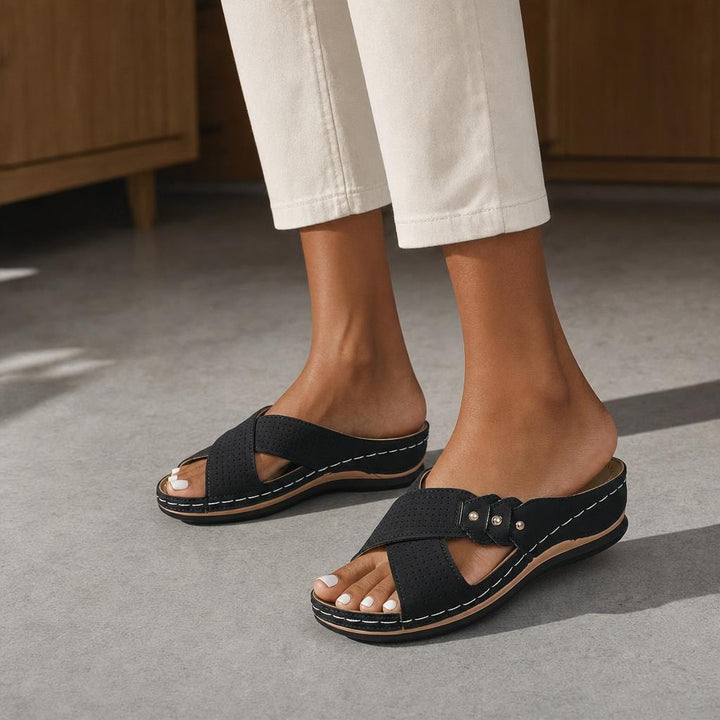 Women's Cross Strap Wedge Sandals in Black, front view