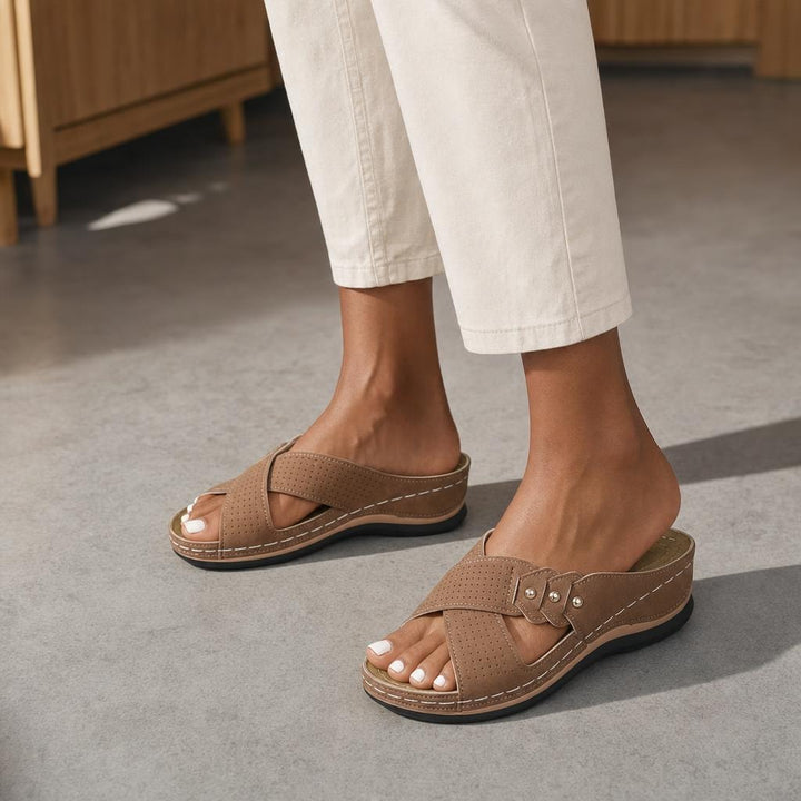 Women's Cross Strap Wedge Sandals in Brown, front view