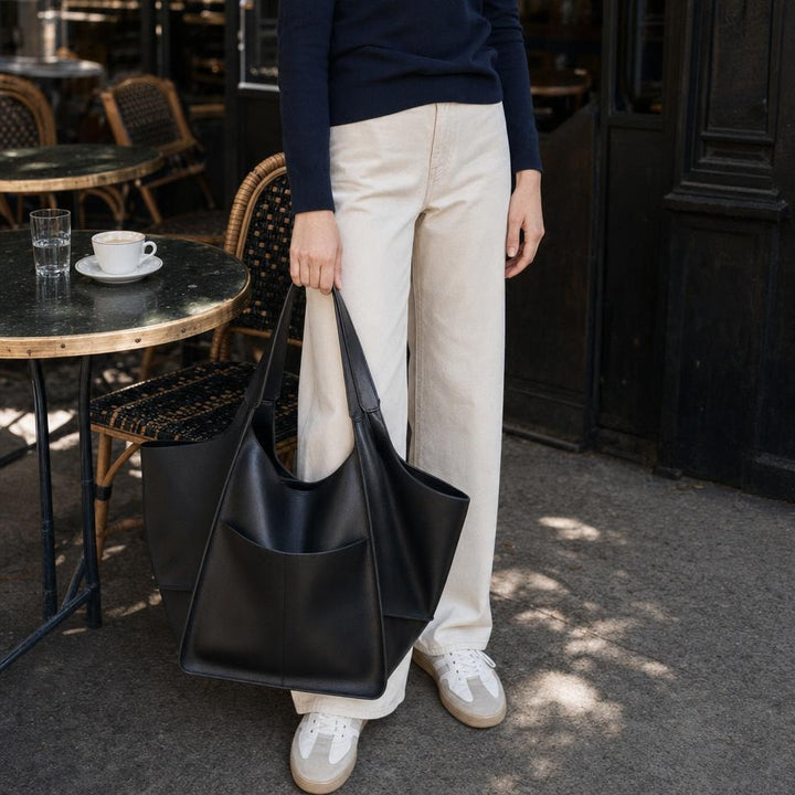 Women's Vegan Leather Tote Bag in Black, front view