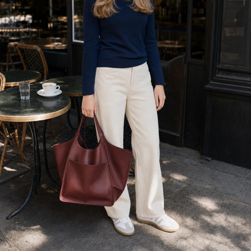 Women's Vegan Leather Tote Bag in Burgundy, front view
