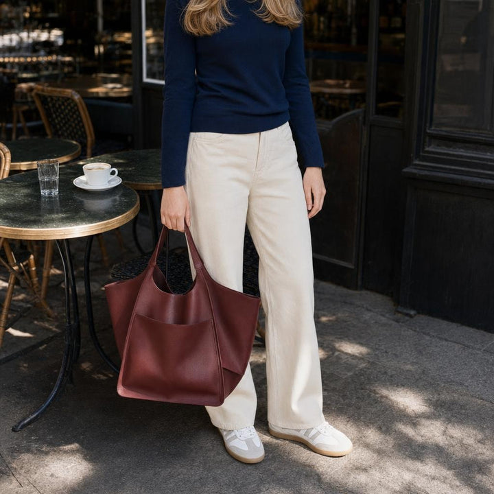 Women's Vegan Leather Tote Bag in Burgundy, front view