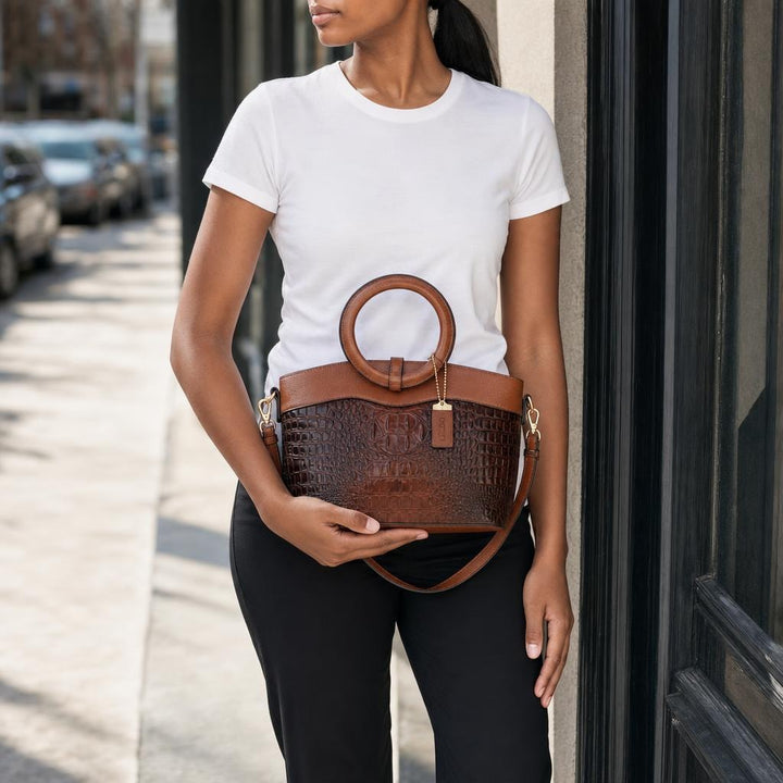 Women's Crocodile Pattern Handbag in Dark Brown, front view