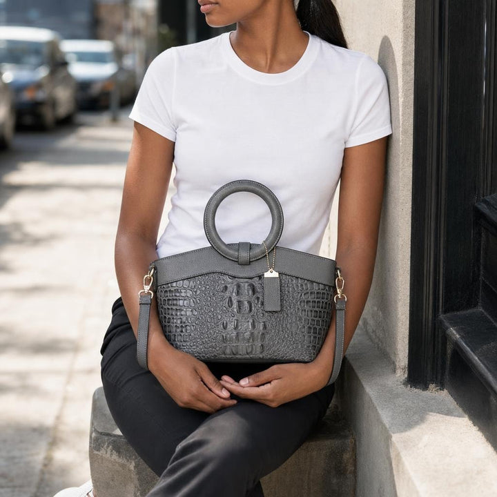 Women's Crocodile Pattern Handbag in Grey, front view
