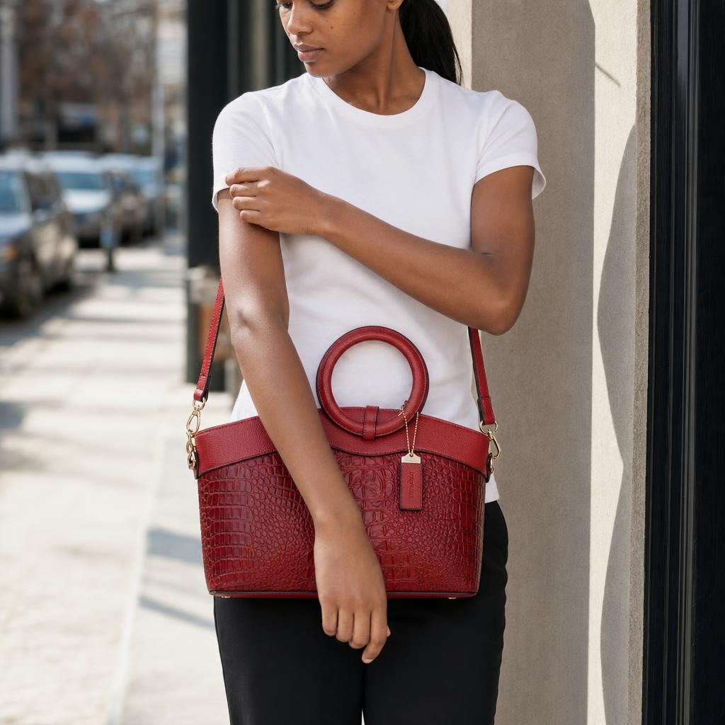 Women's Crocodile Pattern Handbag in Red, front view