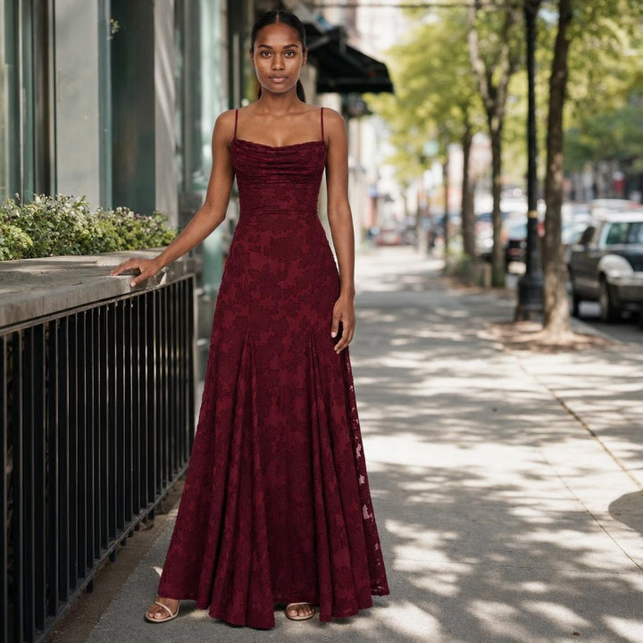 Women's Cowl Neck Maxi Dress in Cherry, front view