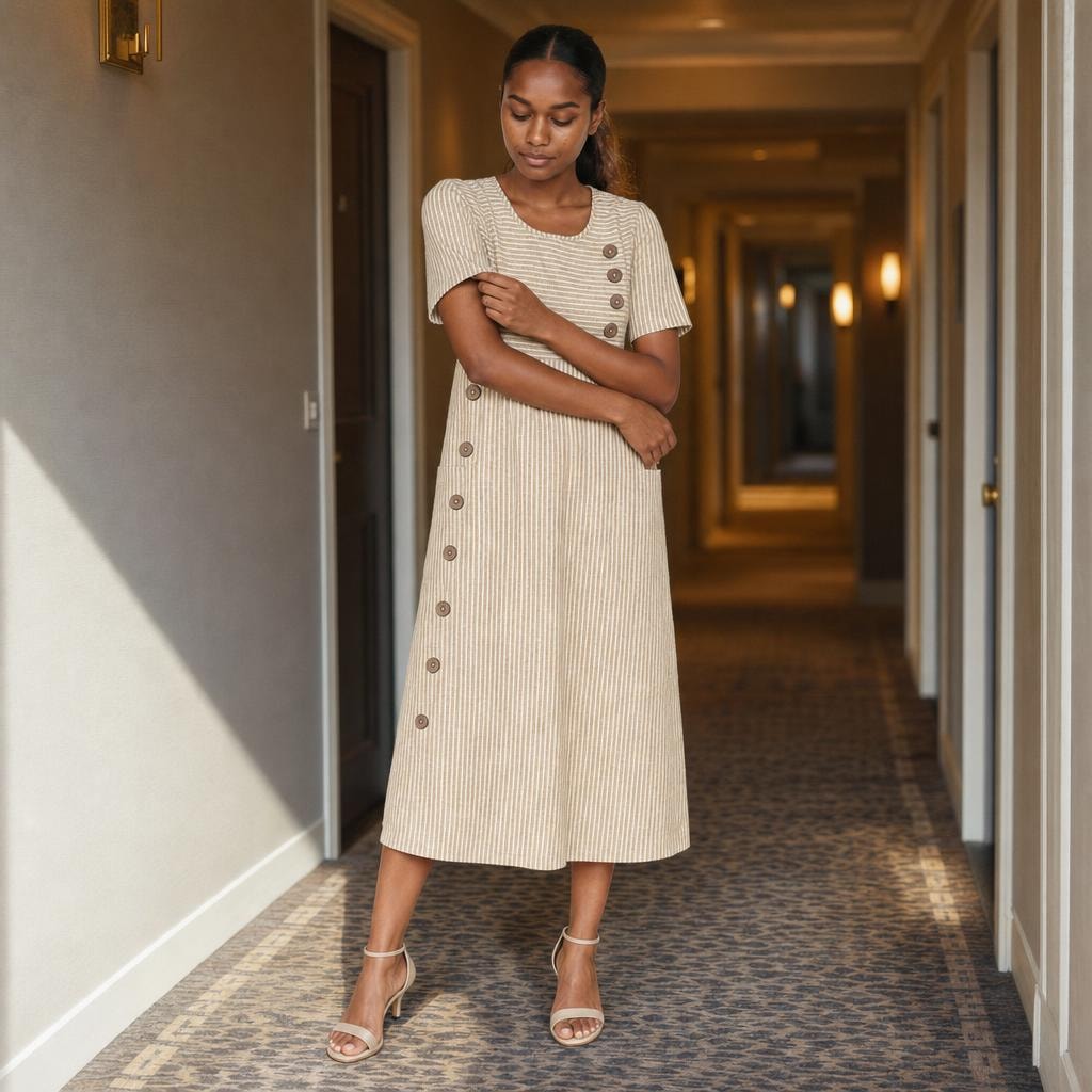 Women's Striped Midi Dress in Beige, front view