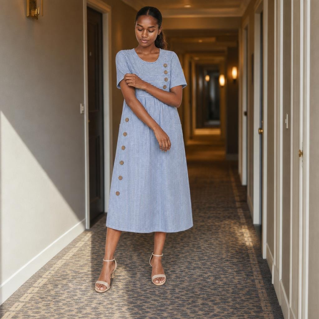 Women's Striped Midi Dress in Blue, front view