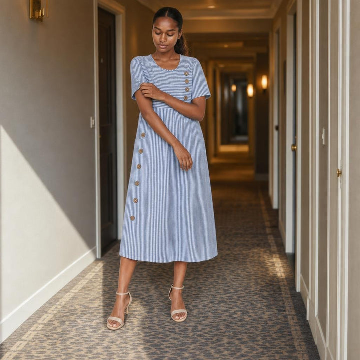Women's Striped Midi Dress in Blue, front view
