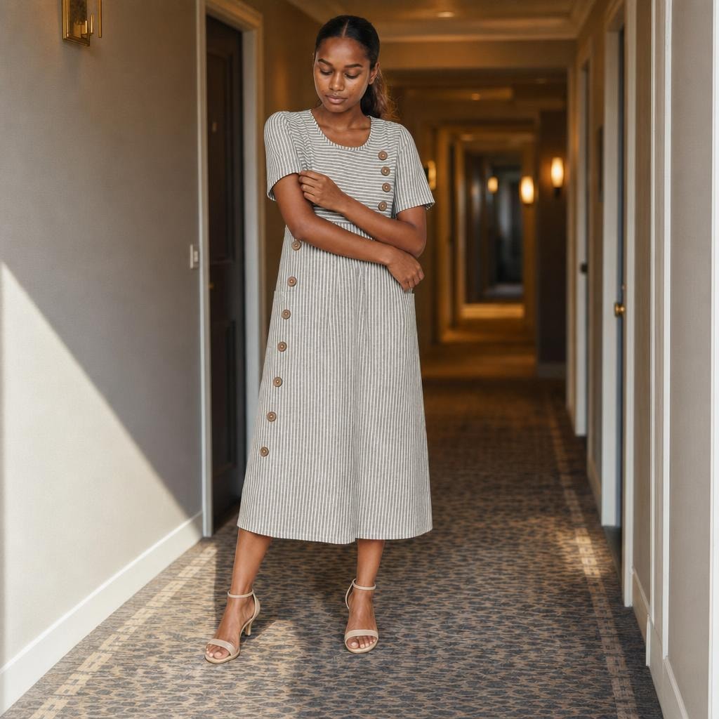 Women's Striped Midi Dress in Grey, front view