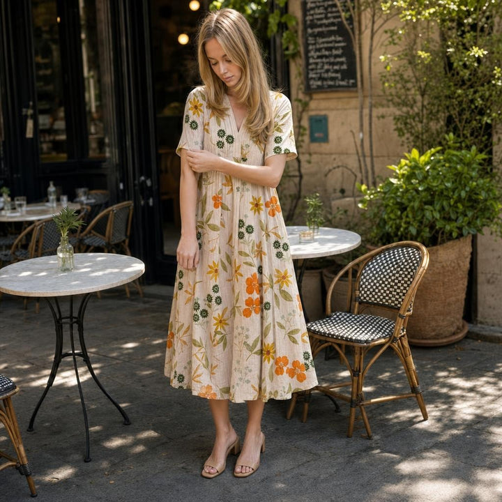 Women's Floral Print Midi Dress in Beige, front view