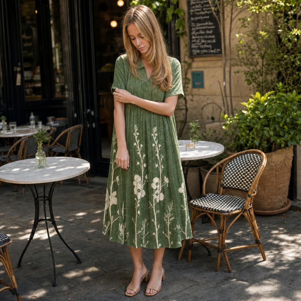 Women's Floral Print Midi Dress in Green, front view