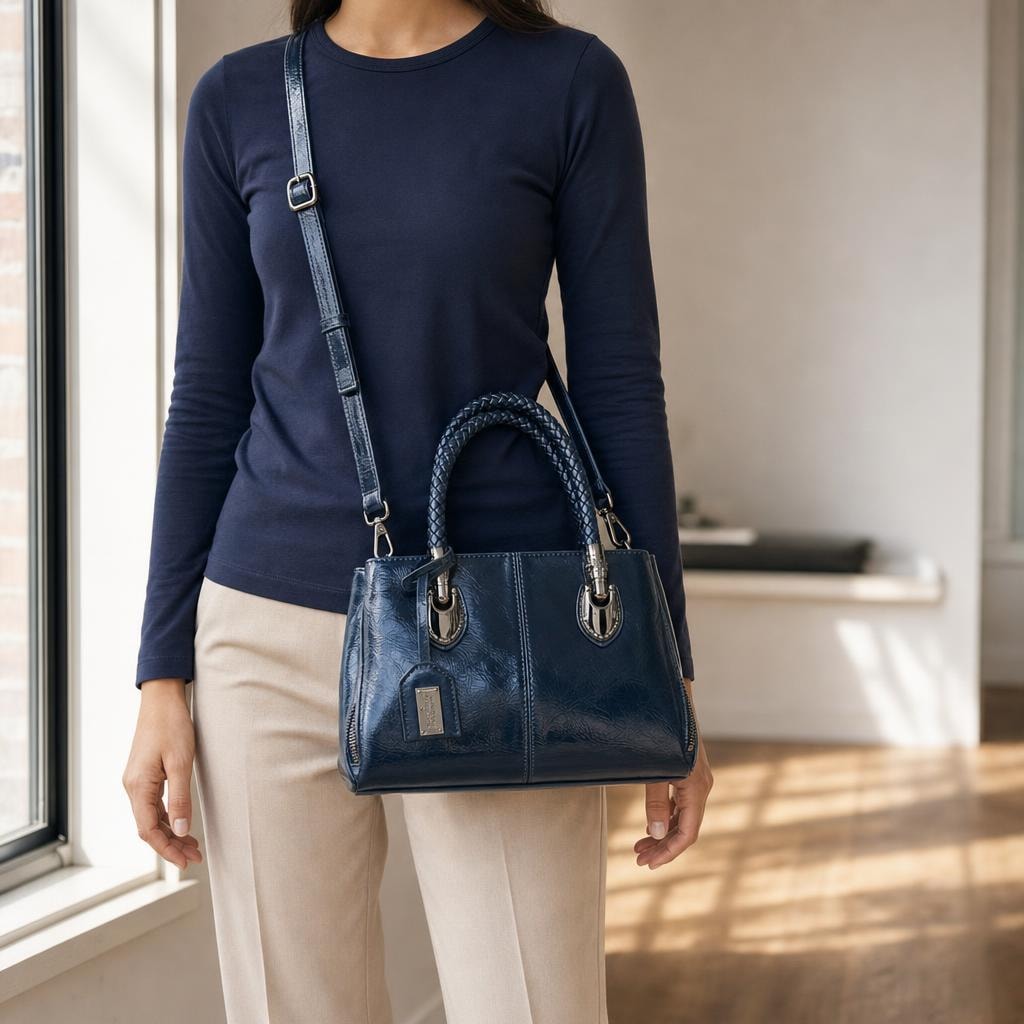 Women's Structured Crossbody Tote Bag in Blue, front view