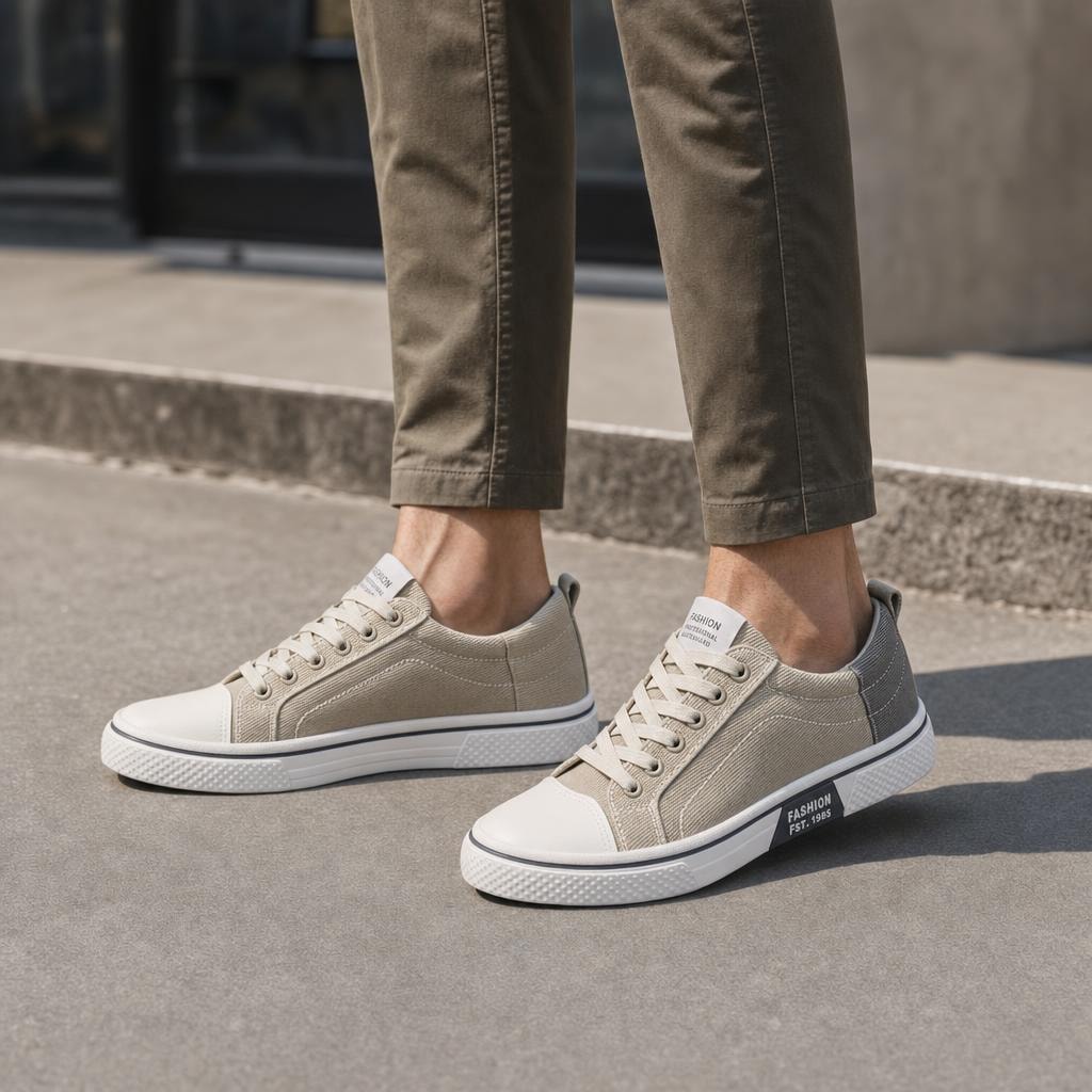 Men's Lace Up Canvas Shoes in Beige, front view