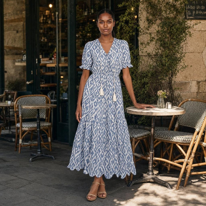 Women's Boho Floral Summer Long Sleeve Maxi Dress in Blue, front view
