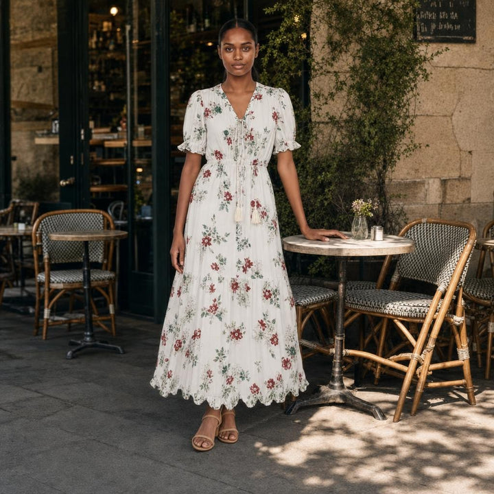 Women's Boho Floral Summer Long Sleeve Maxi Dress in Flowers, front view