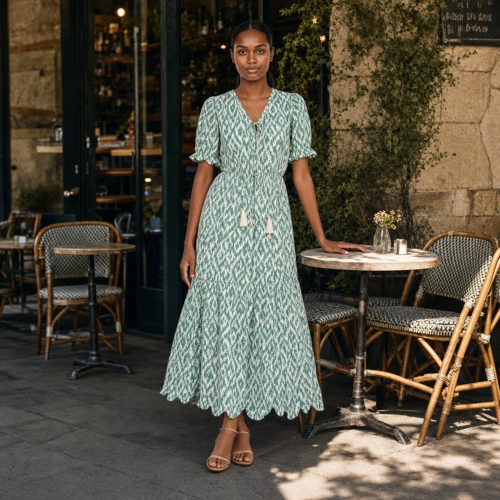 Women's Boho Floral Summer Long Sleeve Maxi Dress in Green (Almost sold out), front view