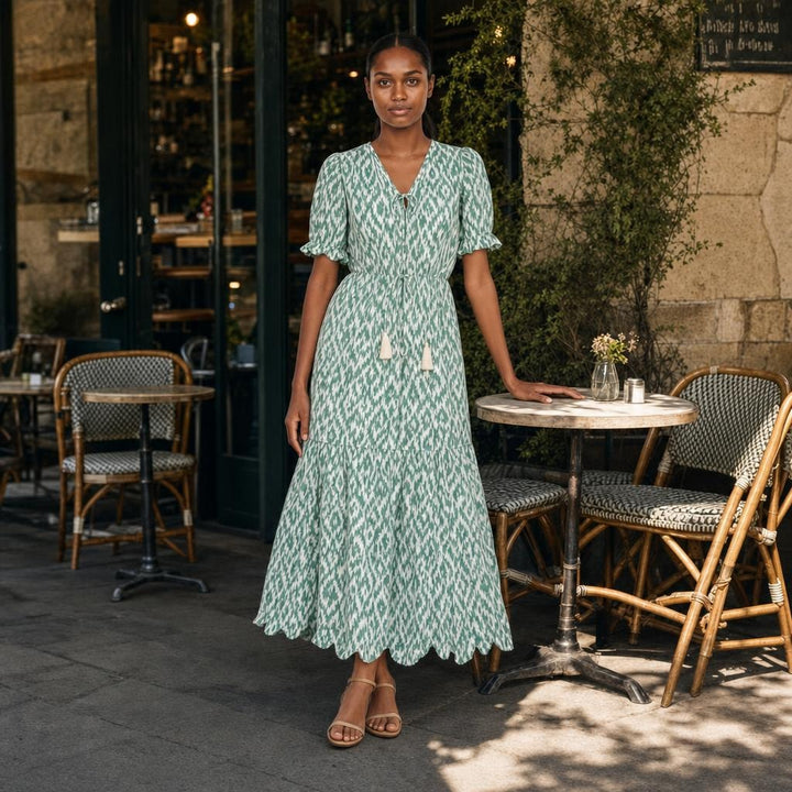 Women's Boho Floral Summer Long Sleeve Maxi Dress in Green (Almost sold out), front view
