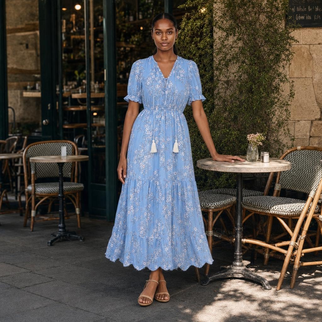 Women's Boho Floral Summer Long Sleeve Maxi Dress in Light Blue, front view