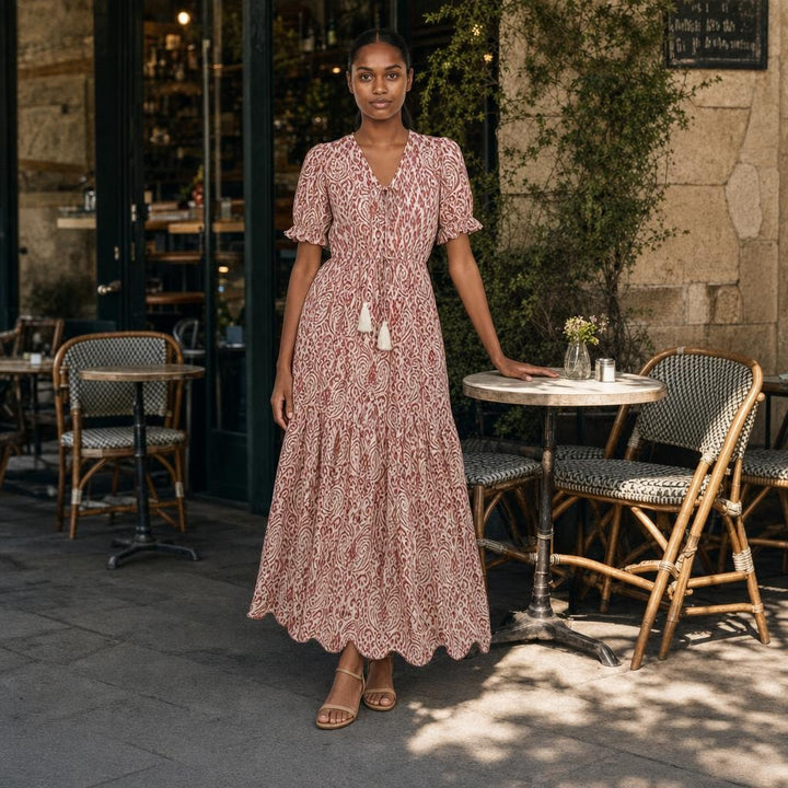 Women's Boho Floral Summer Long Sleeve Maxi Dress in Red, front view