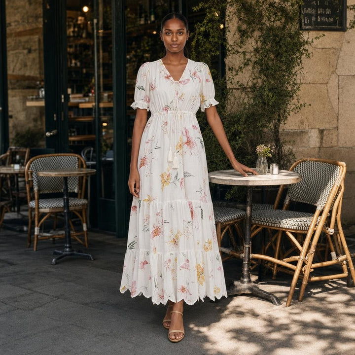 Women's Boho Floral Summer Long Sleeve Maxi Dress in White, front view
