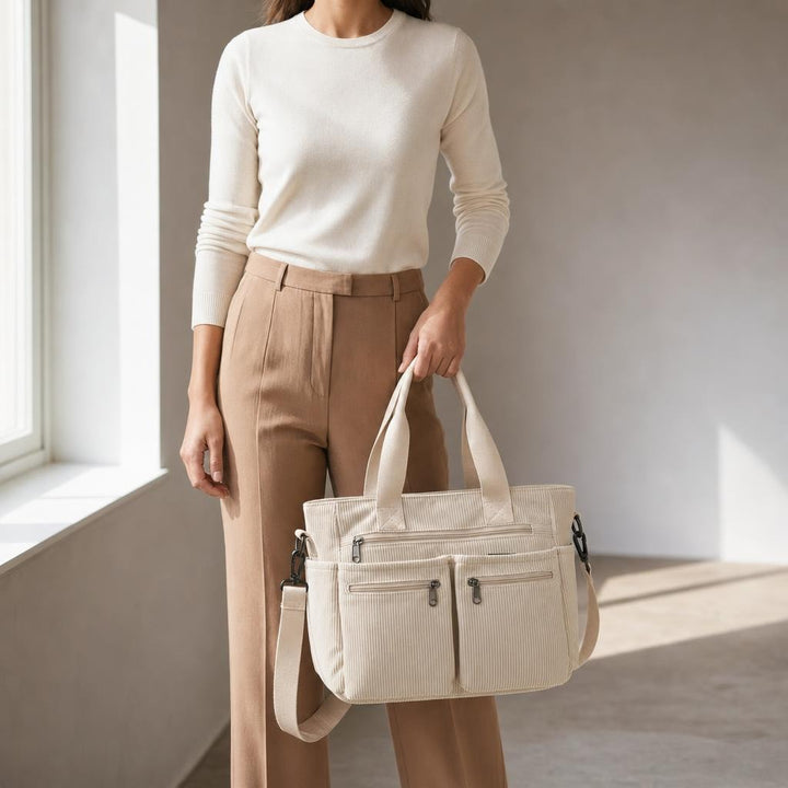 Women's Laptop Shoulder Bag in Beige, front view