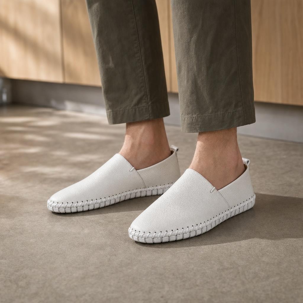 Men's Casual Slip On Loafer Shoes in White, front view