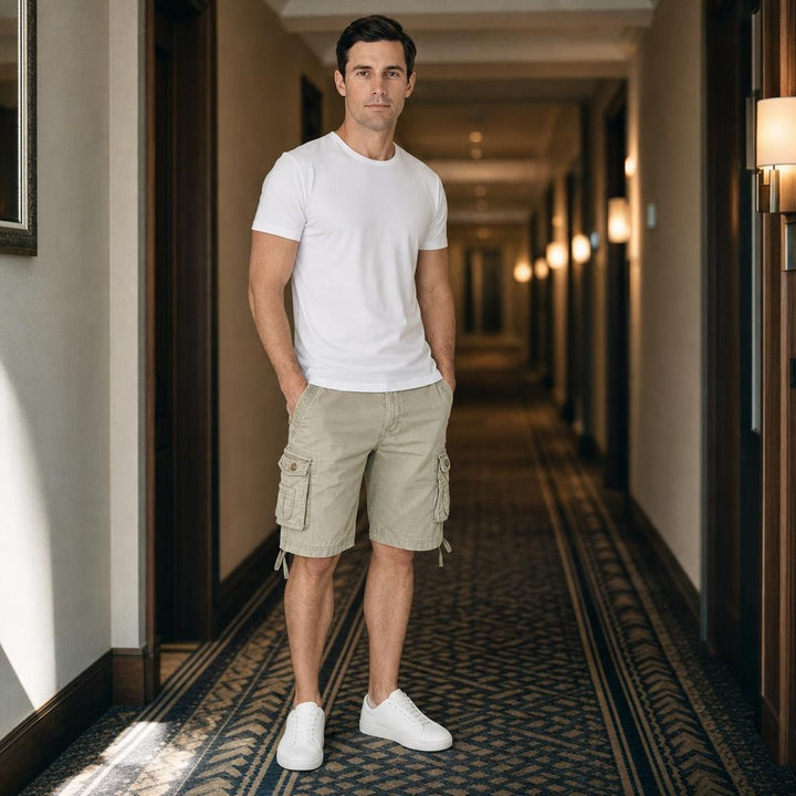 Men's Cotton Blend Cargo Shorts in Beige, front view