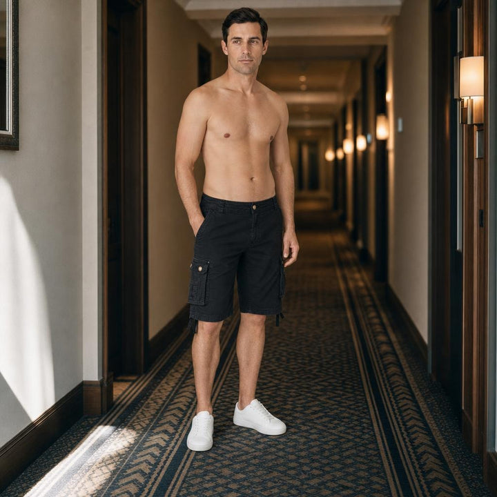 Men's Cotton Blend Cargo Shorts in Black, front view