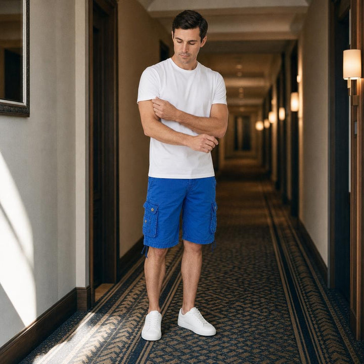 Men's Cotton Blend Cargo Shorts in Blue, front view