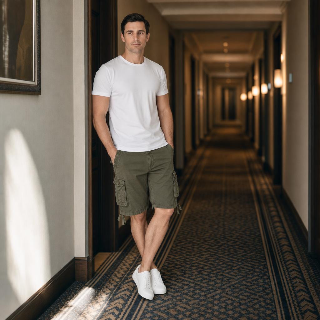 Men's Cotton Blend Cargo Shorts in Green, front view