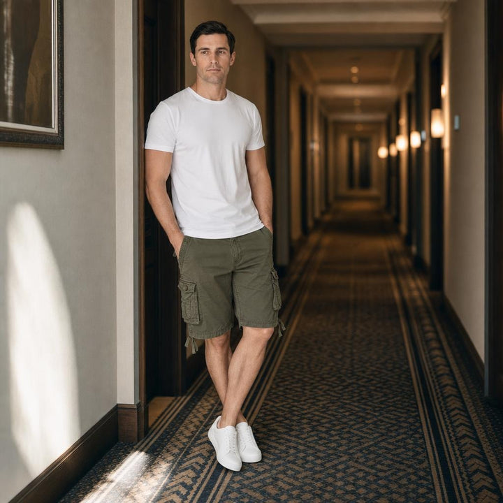 Men's Cotton Blend Cargo Shorts in Green, front view