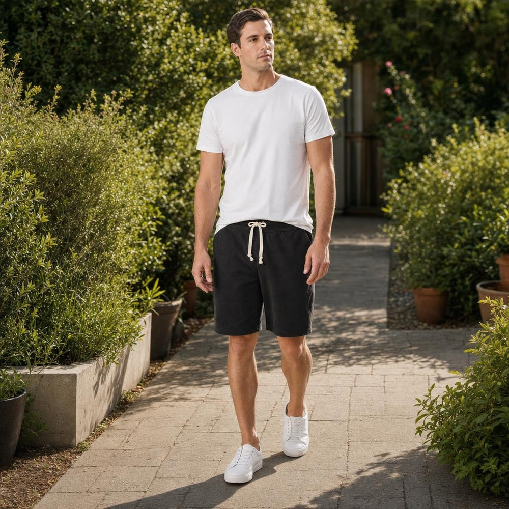Men's Drawstring Casual Shorts in Black, front view