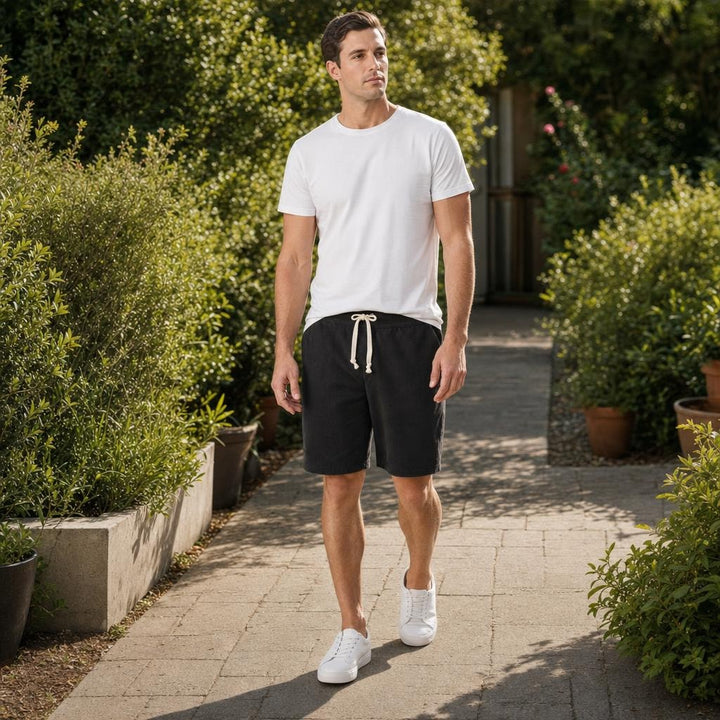 Men's Drawstring Casual Shorts in Black, front view