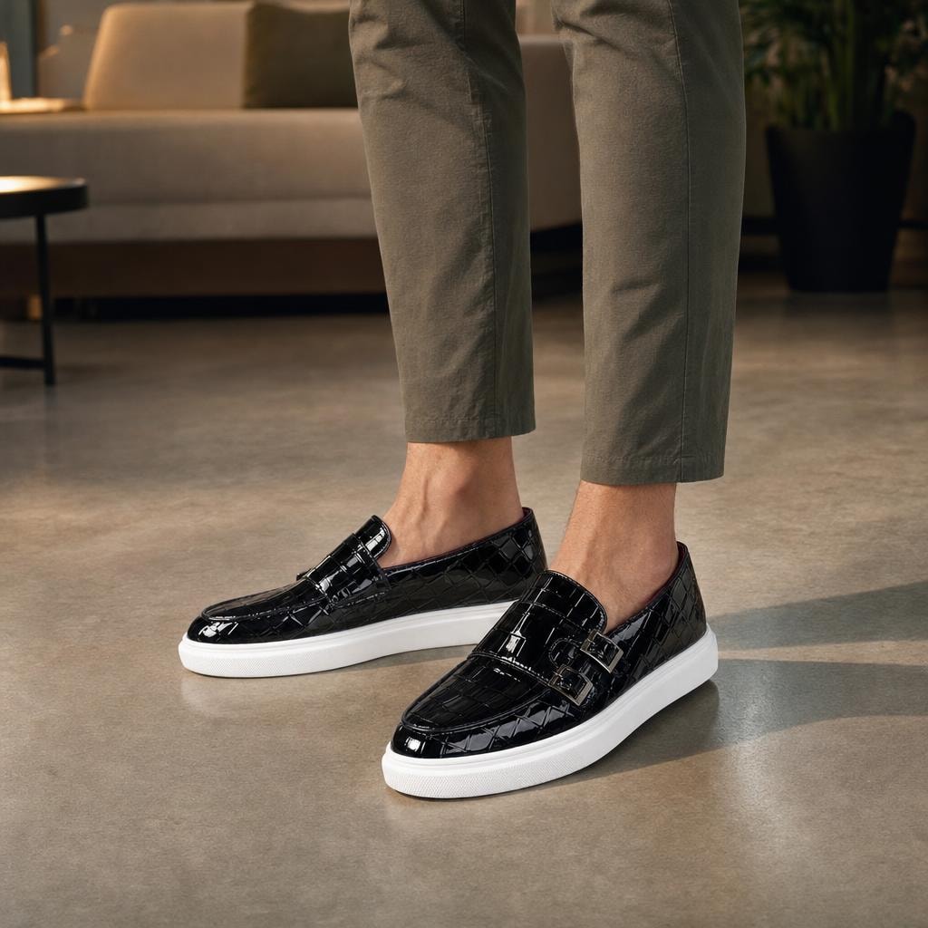 Men's Monk Strap Loafer Shoes in Black, front view