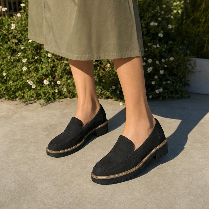 Women's Heeled Loafer Shoes in Black, front view