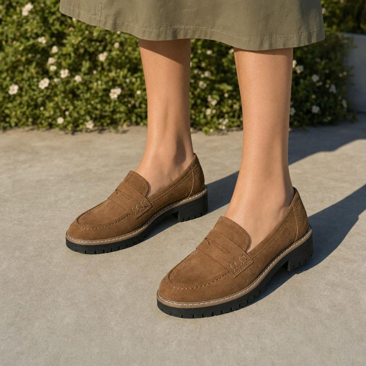 Women's Heeled Loafer Shoes in Brown, front view