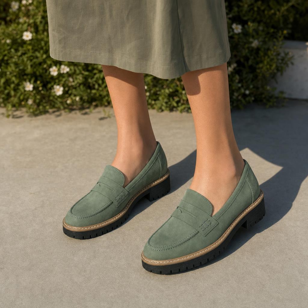 Women's Heeled Loafer Shoes in Green, front view