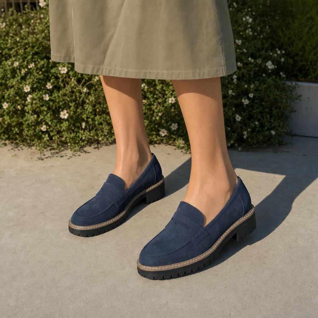 Women's Heeled Loafer Shoes in Navy Blue, front view