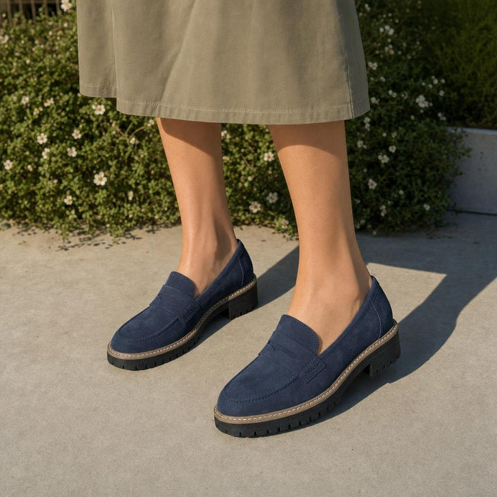 Women's Heeled Loafer Shoes in Navy Blue, front view