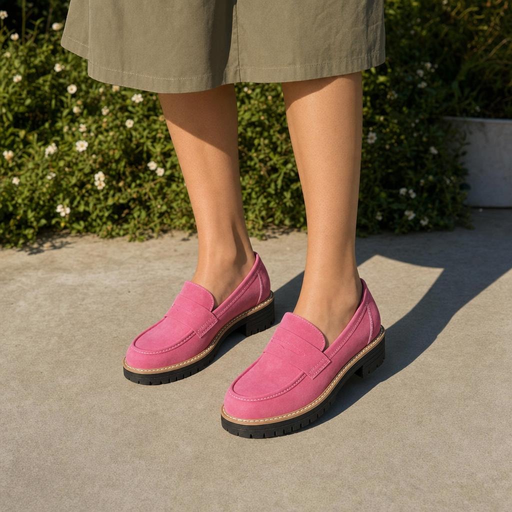 Women's Heeled Loafer Shoes in Pink, front view